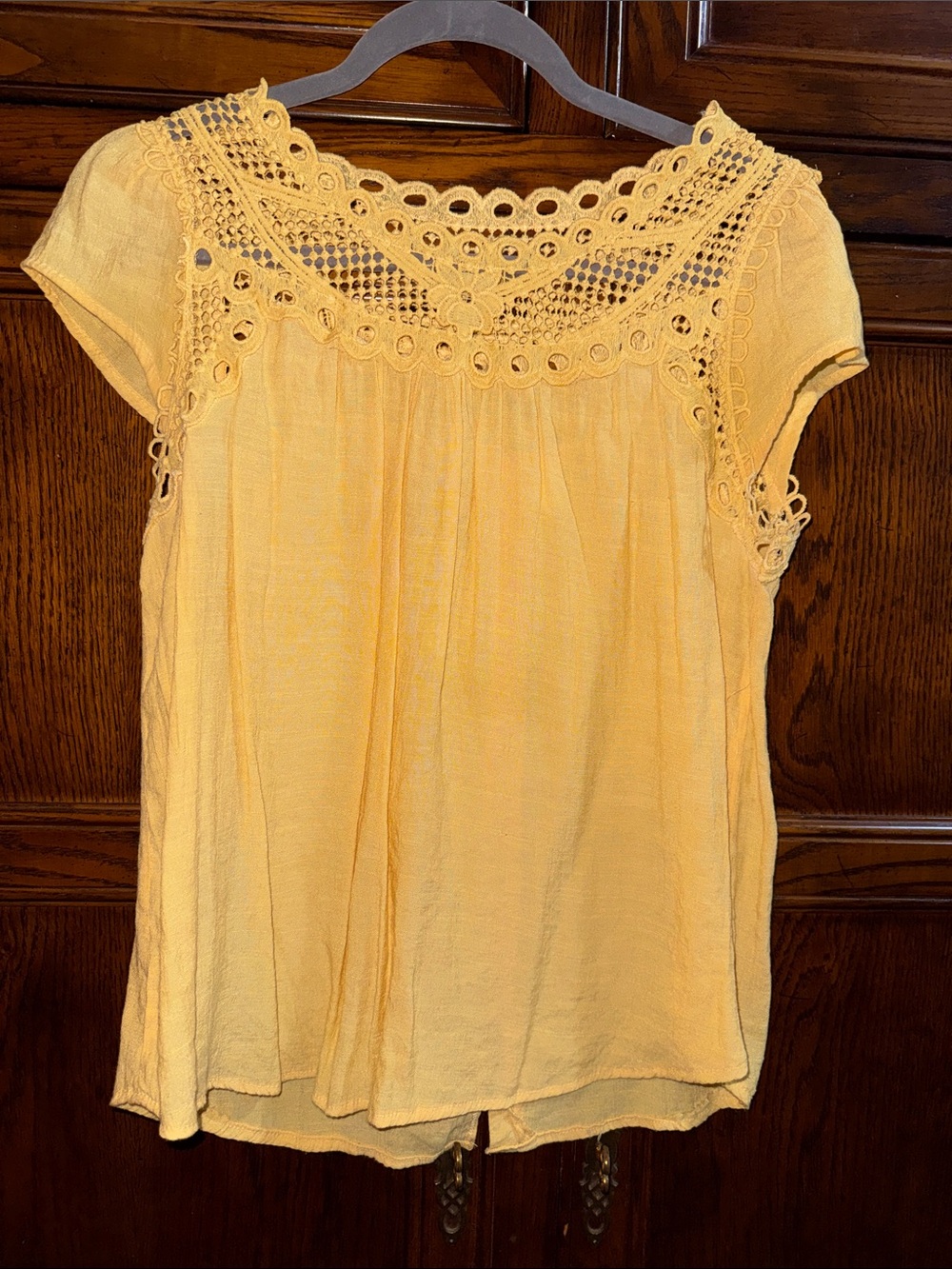 mine Yellow Crochet Yoke Cap Sleeve Blouse